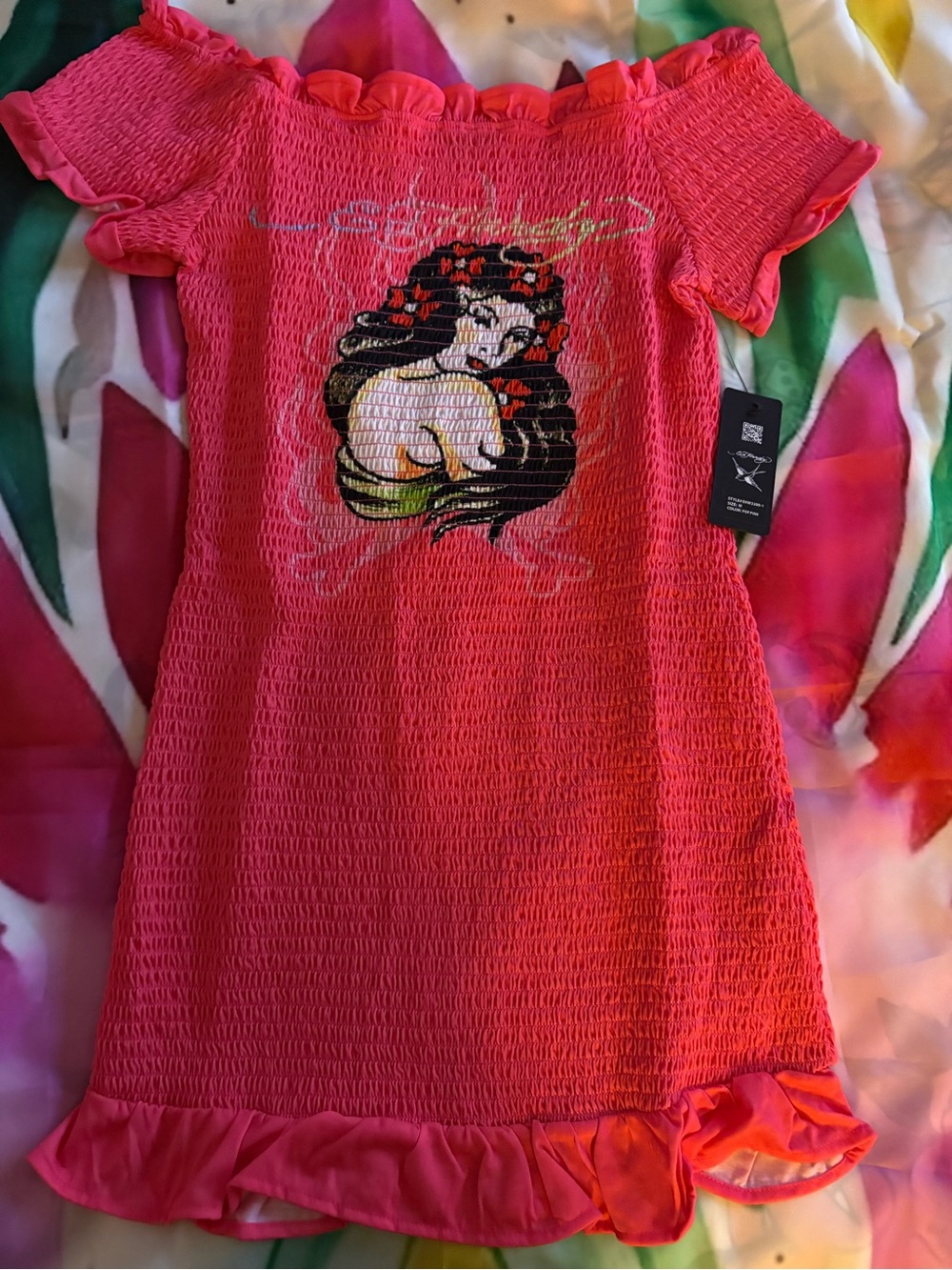 Women’s Ed Hardy Pink Shirred Summer Dress with Mermaid Graphic